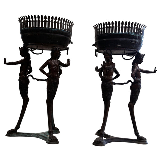 Grande coppia romana di fioriere in bronzo - Fauni tripode XIX