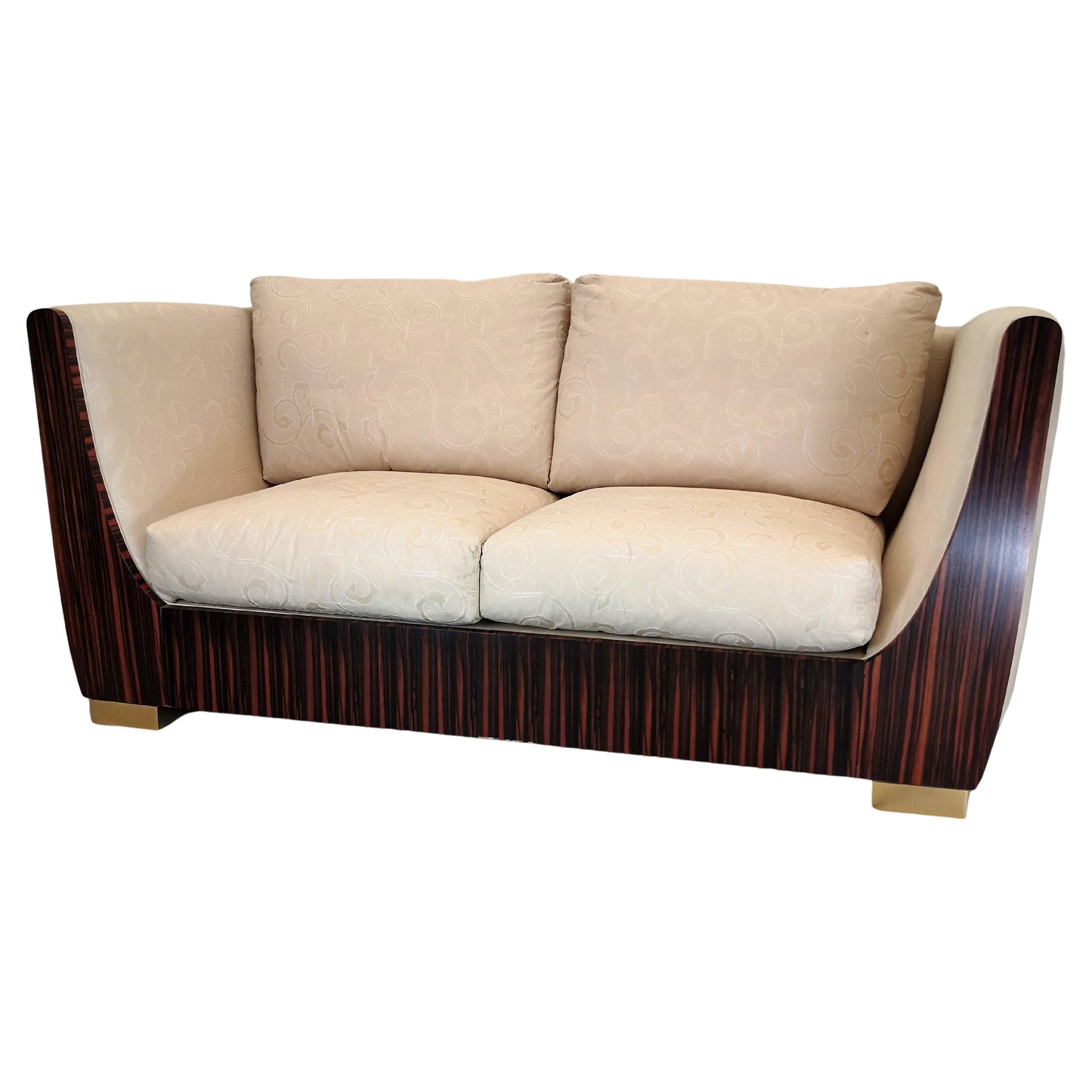 1980s Macassar Ebony and Brass Art Deco 3 Seat Sofa