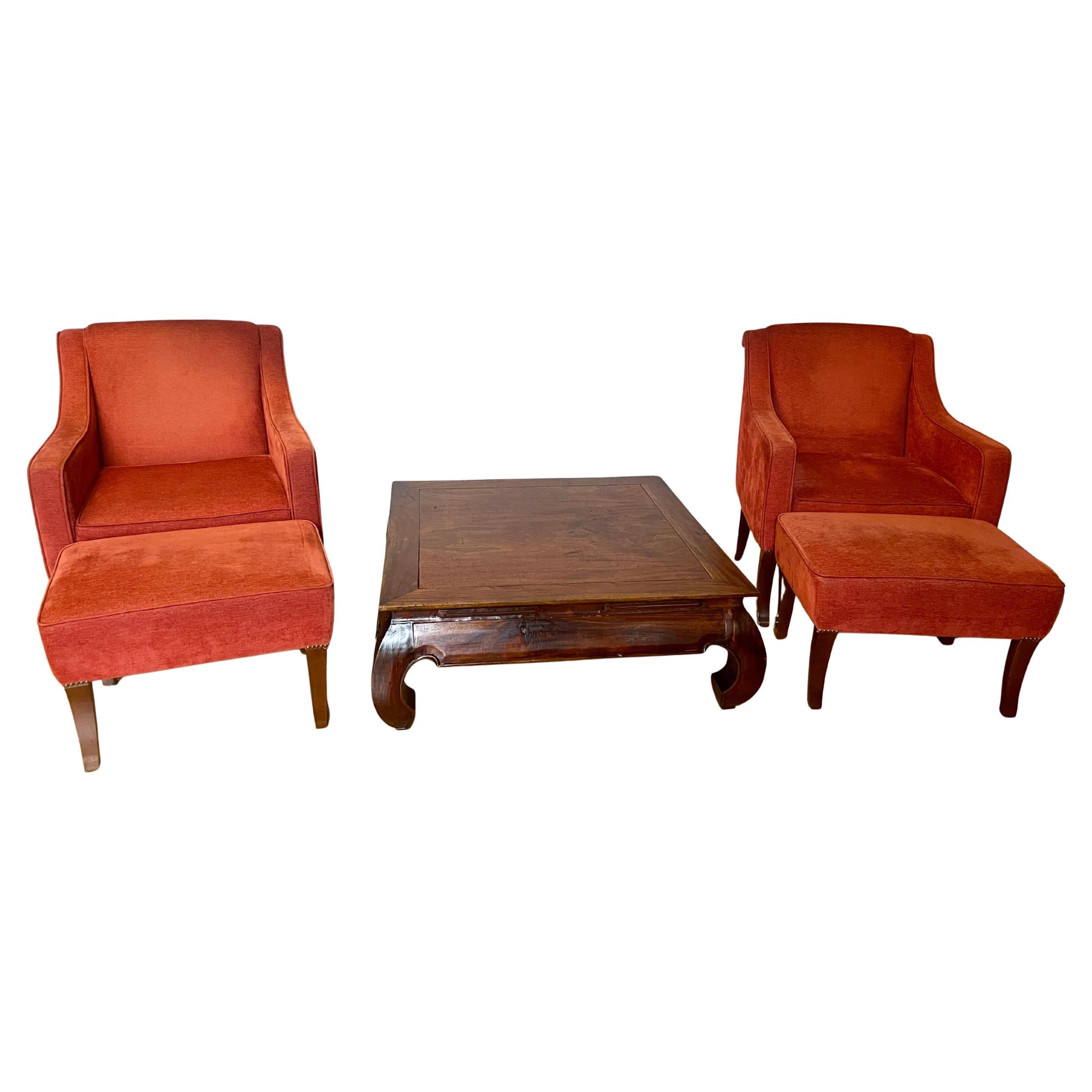 Set due poltrono velluto rosso e tavolo basso in legno italian anni '98