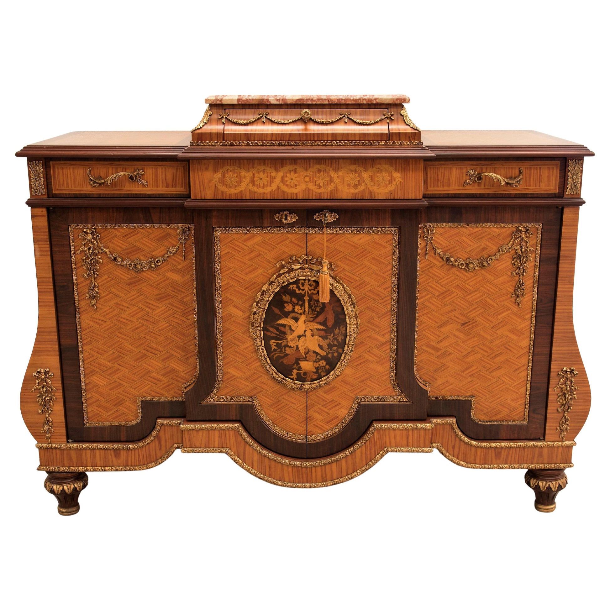 Commode parigino intarsi in legno pregiati con piano in marmo XX secolo