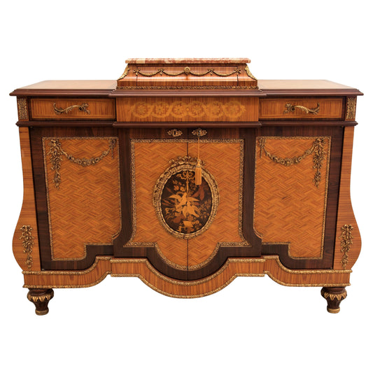 Commode parigino intarsi in legno pregiati con piano in marmo XX secolo