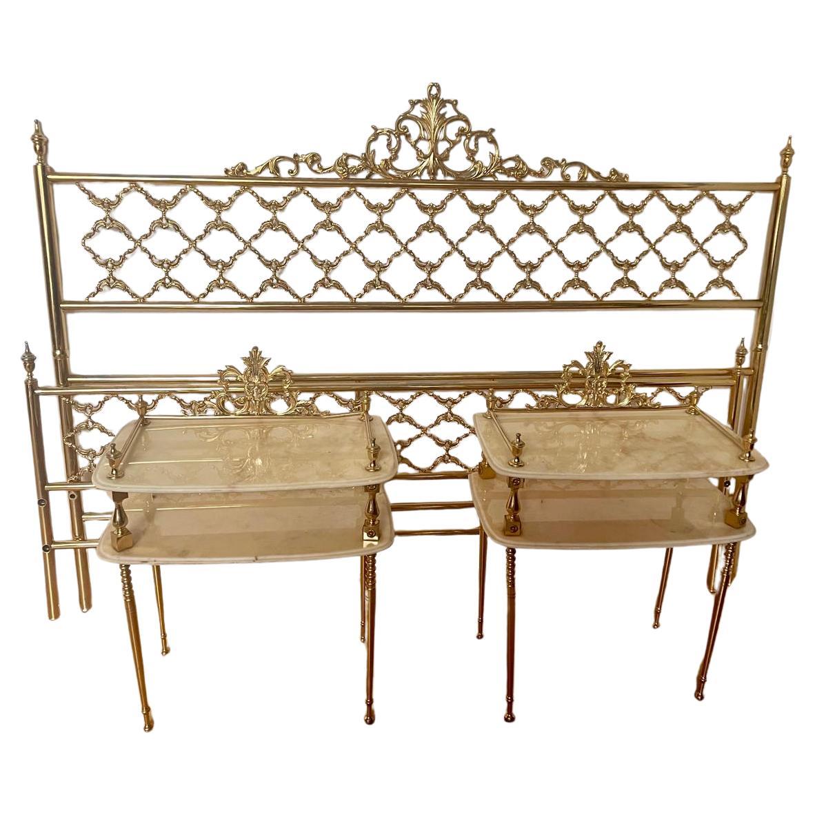 Splendido letto italiano vintage in ottone bagnato in oro zecchino più 2 comodi