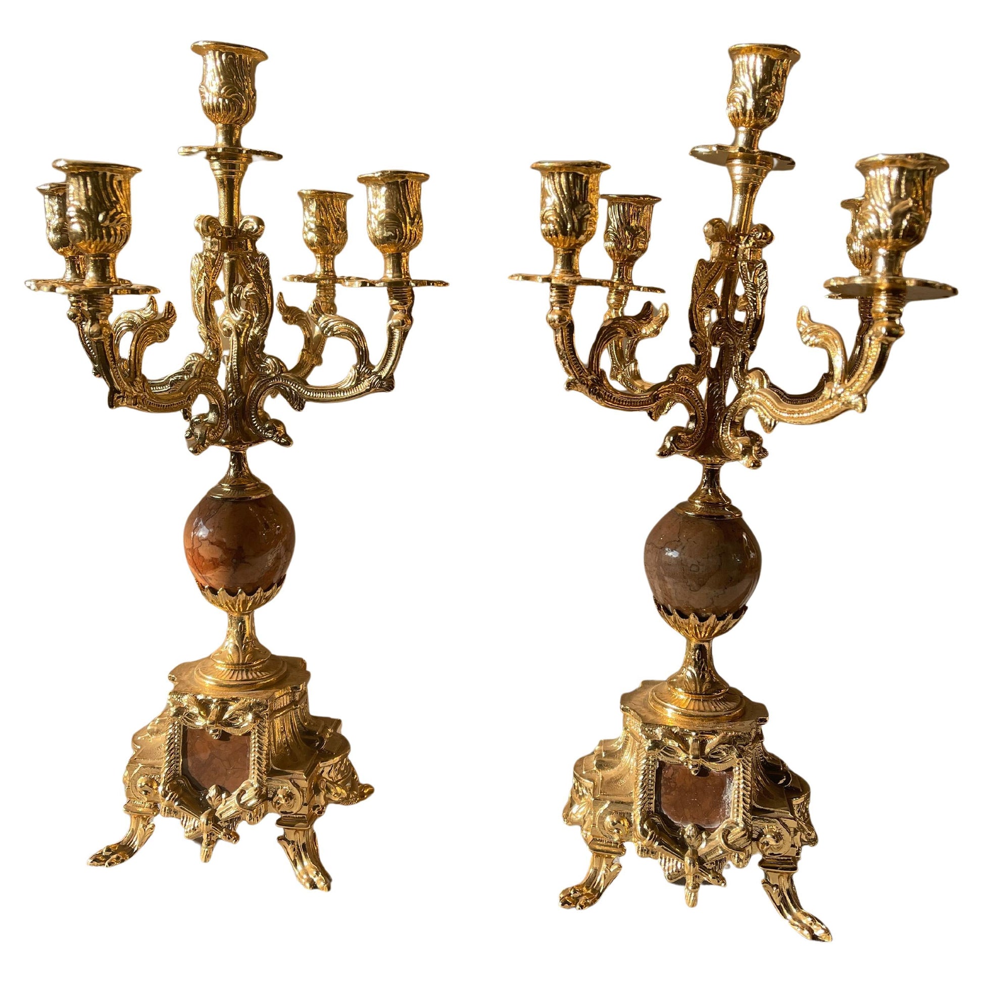 Bellisima Coppia di candelabri in bronzo dorato a cinque fiamme stile francese
