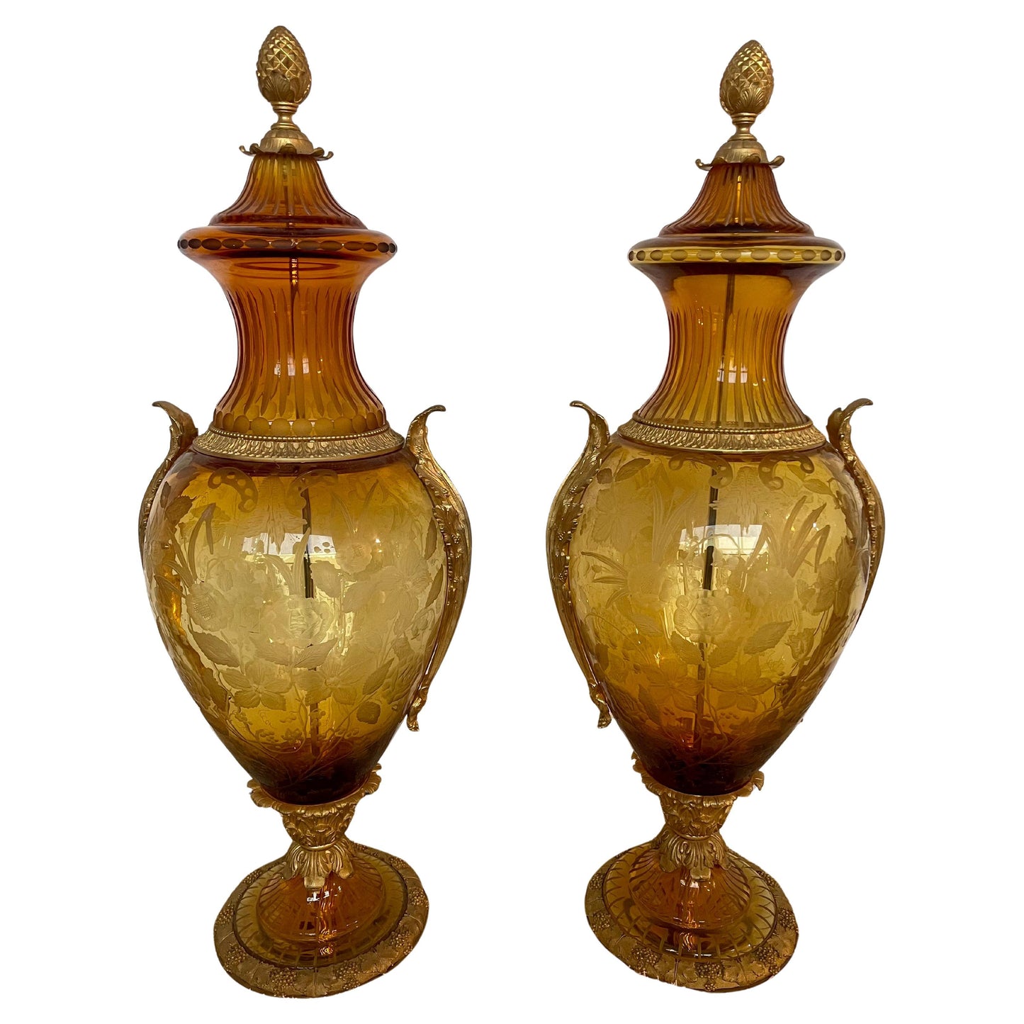 Importante coppia di anfore in bronzo e cristallo di lusso in oro 24klt di DR