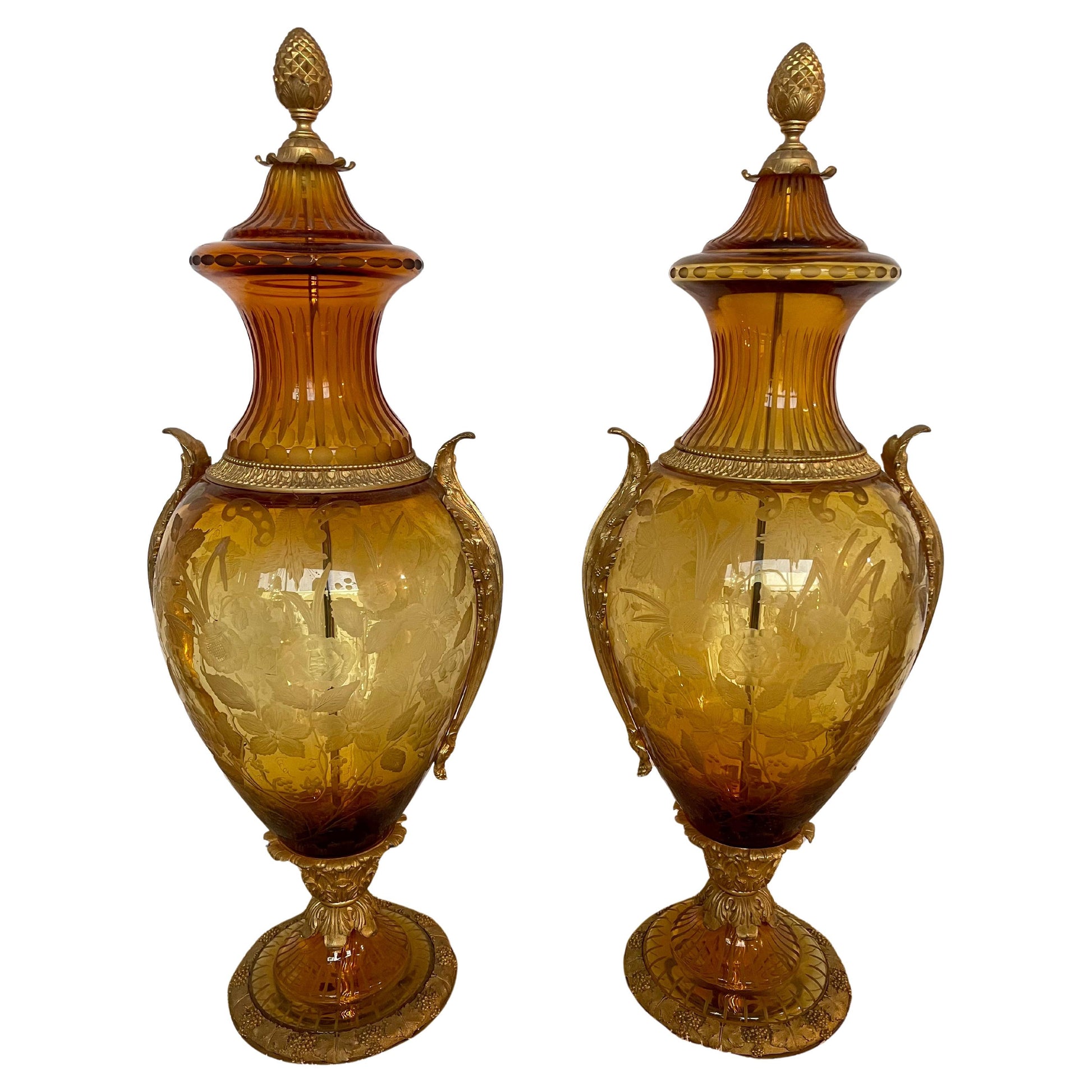 Importante coppia di anfore in bronzo e cristallo di lusso in oro 24klt di DR