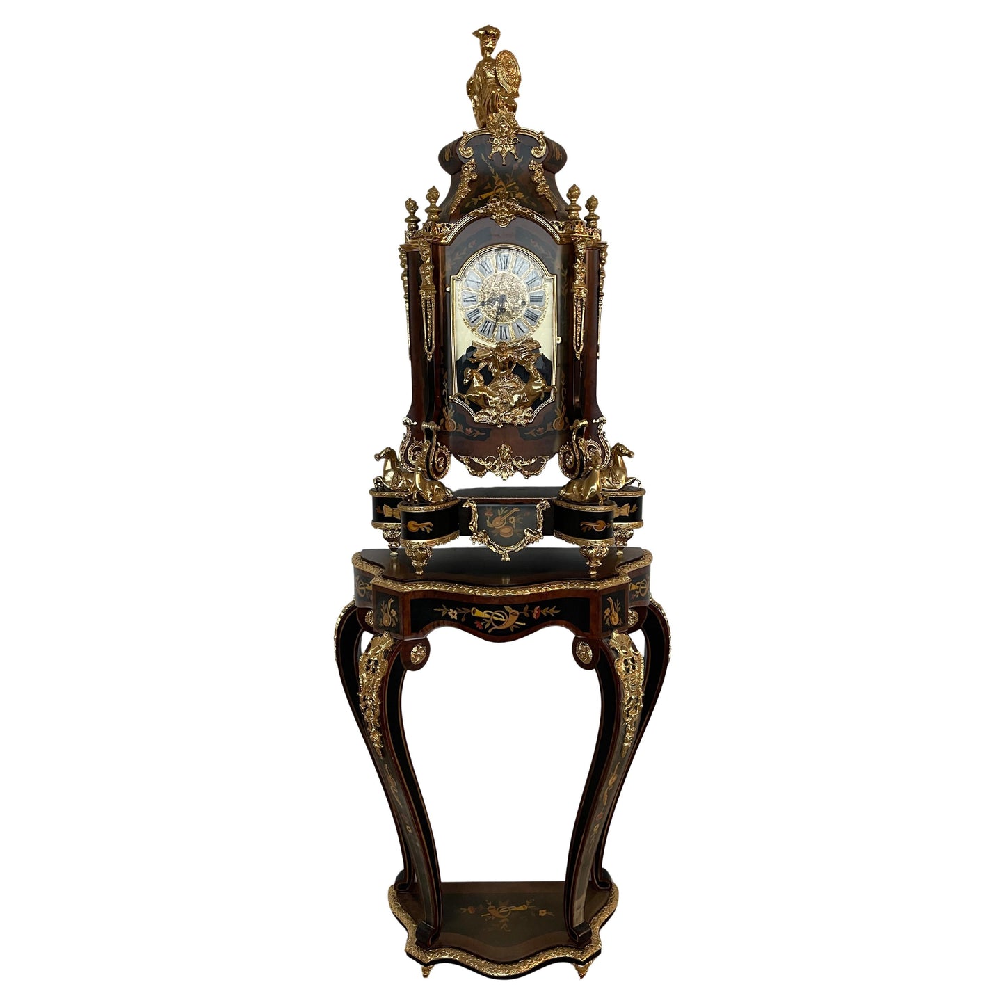 Imponente orologio a pendolo e console in stile francese secolo XX