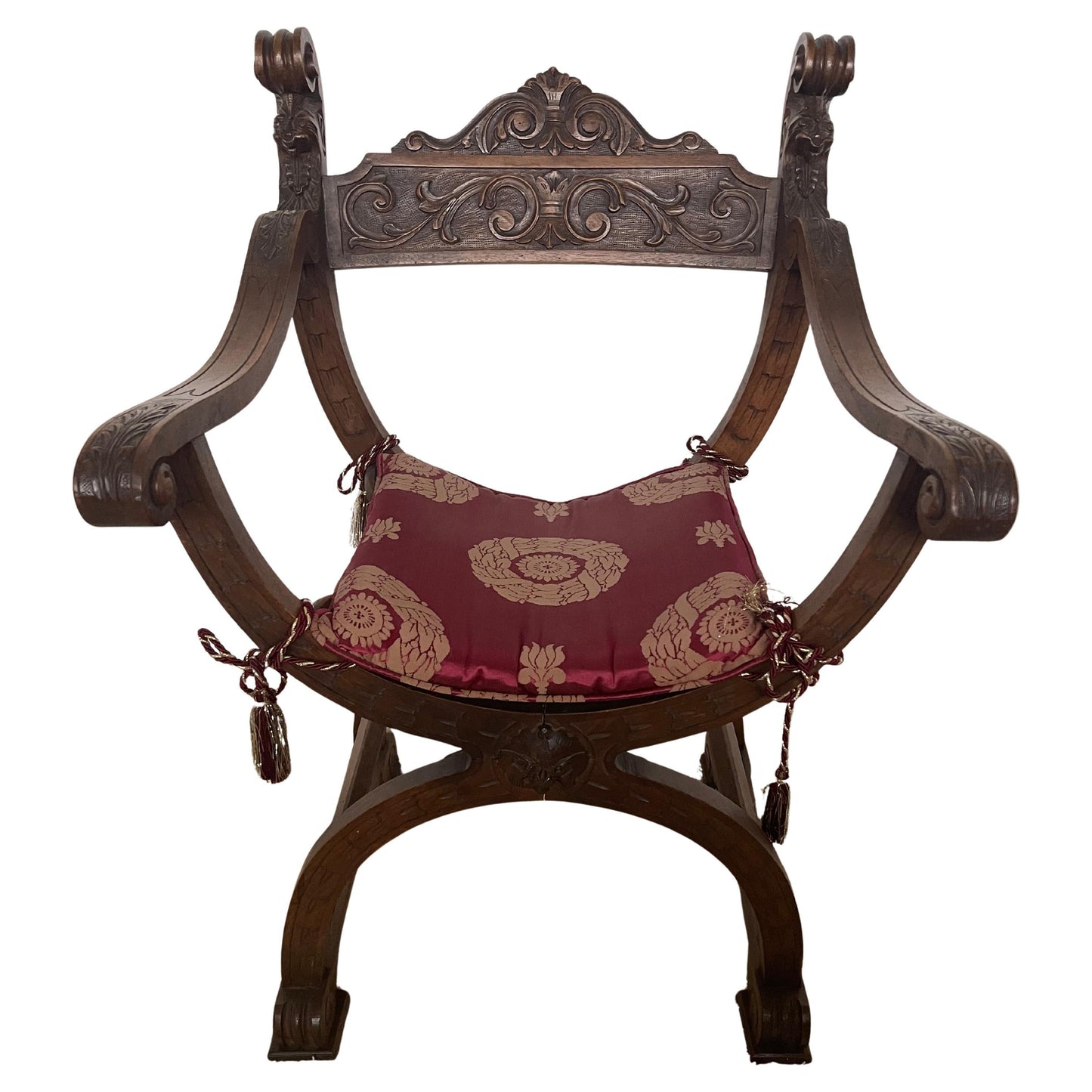 Italian Poltrona curule o dagobert in noce antica anni '20