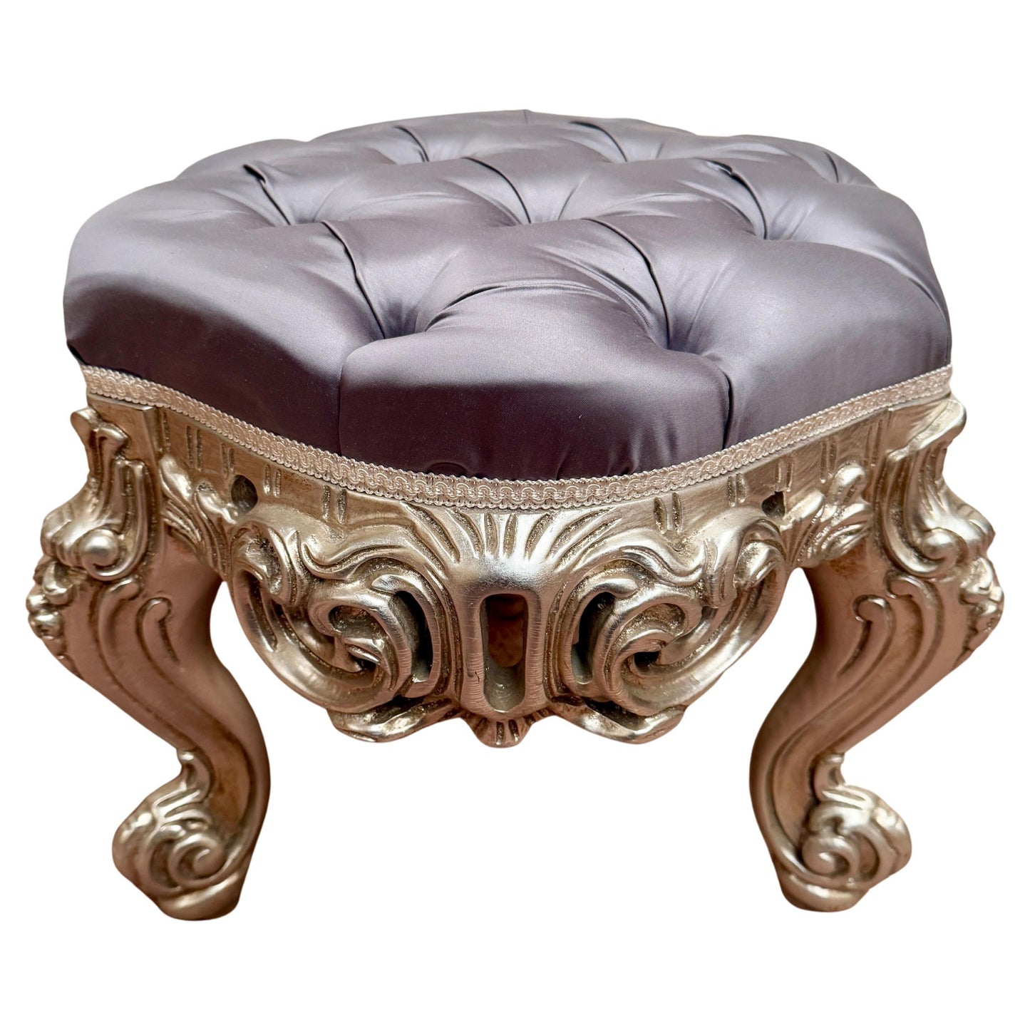 Pouf di lusso in legno intagliato argentato italian XX secolo