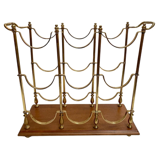 Portabottiglie in ottone e legno per anni '60 per 9 bottiglie italiano