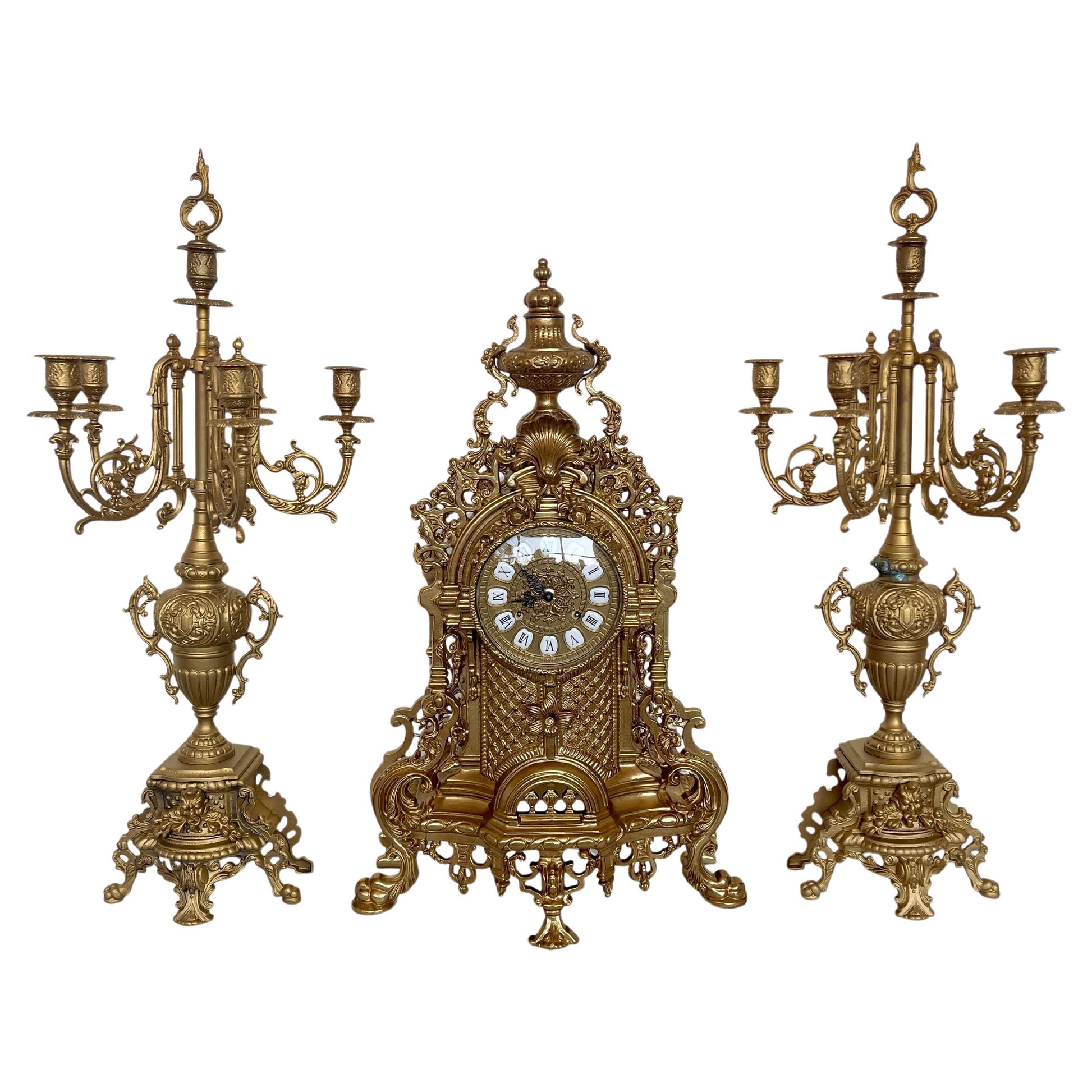 Set de Orologio da tavolo barocco meccanico di lusso in bronzo anni '70 nuovo