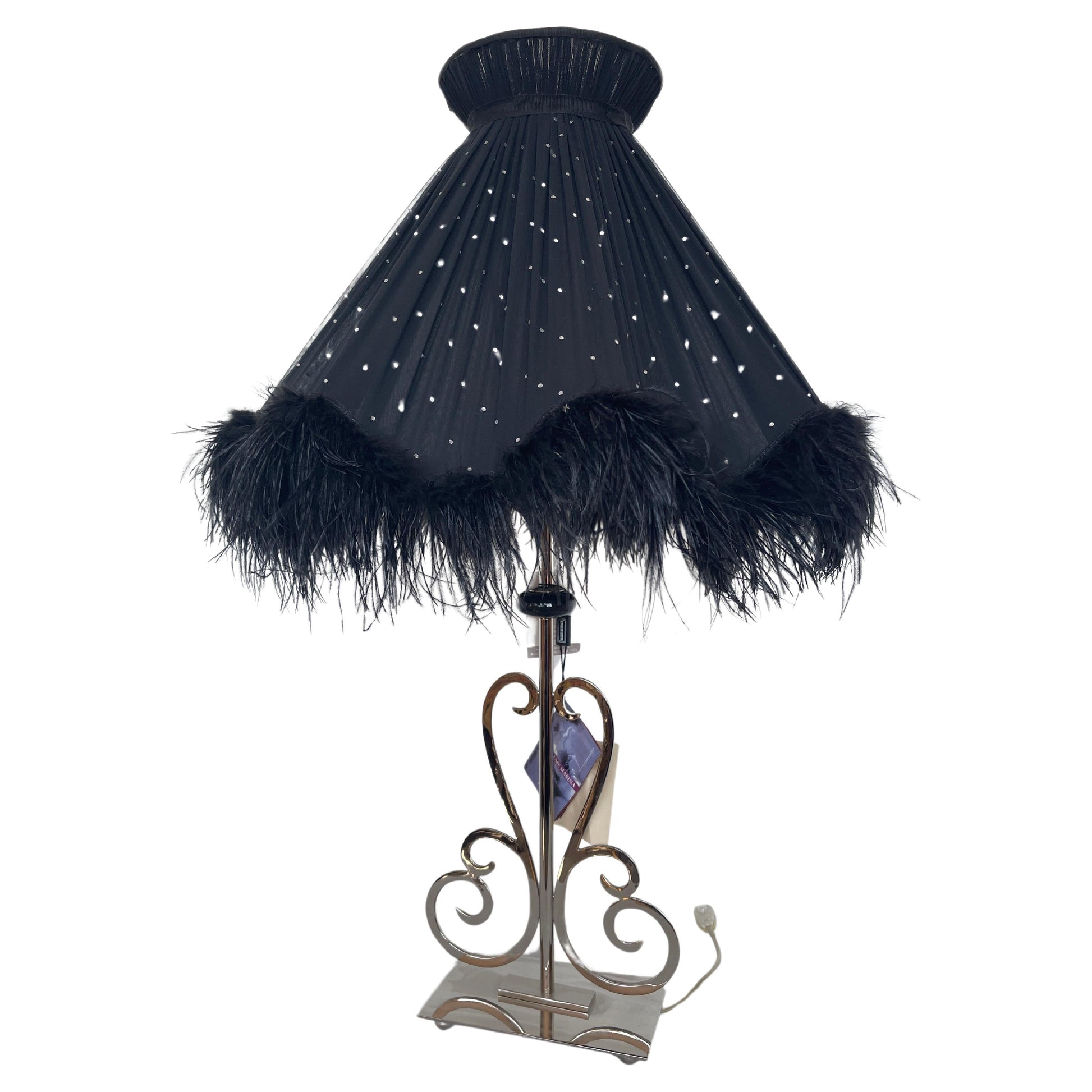 Lampada da tavolo con piume nera stile design italia vintage