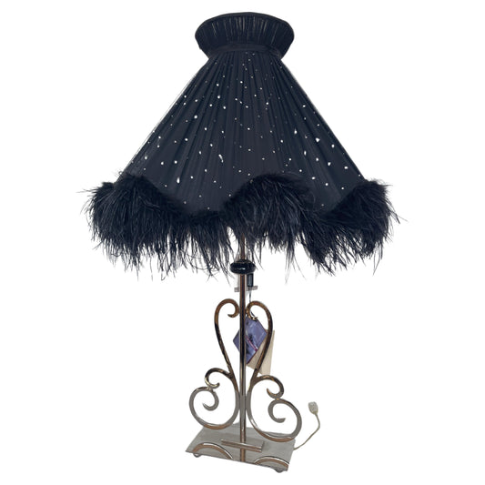 Lampada da tavolo con piume nera stile design italia vintage