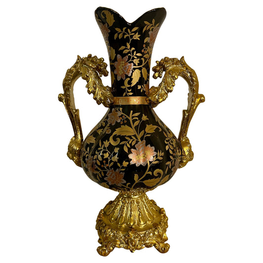 Vaso in ceramica e resina nera decorato in oro vintage da tavolo italian anni 90