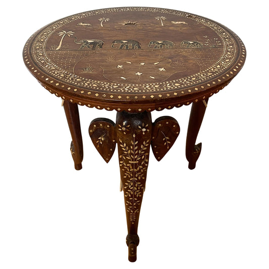 Tavolino anglo-indianotaj mahal Elephant in legno e osso intarsiato XX secolo