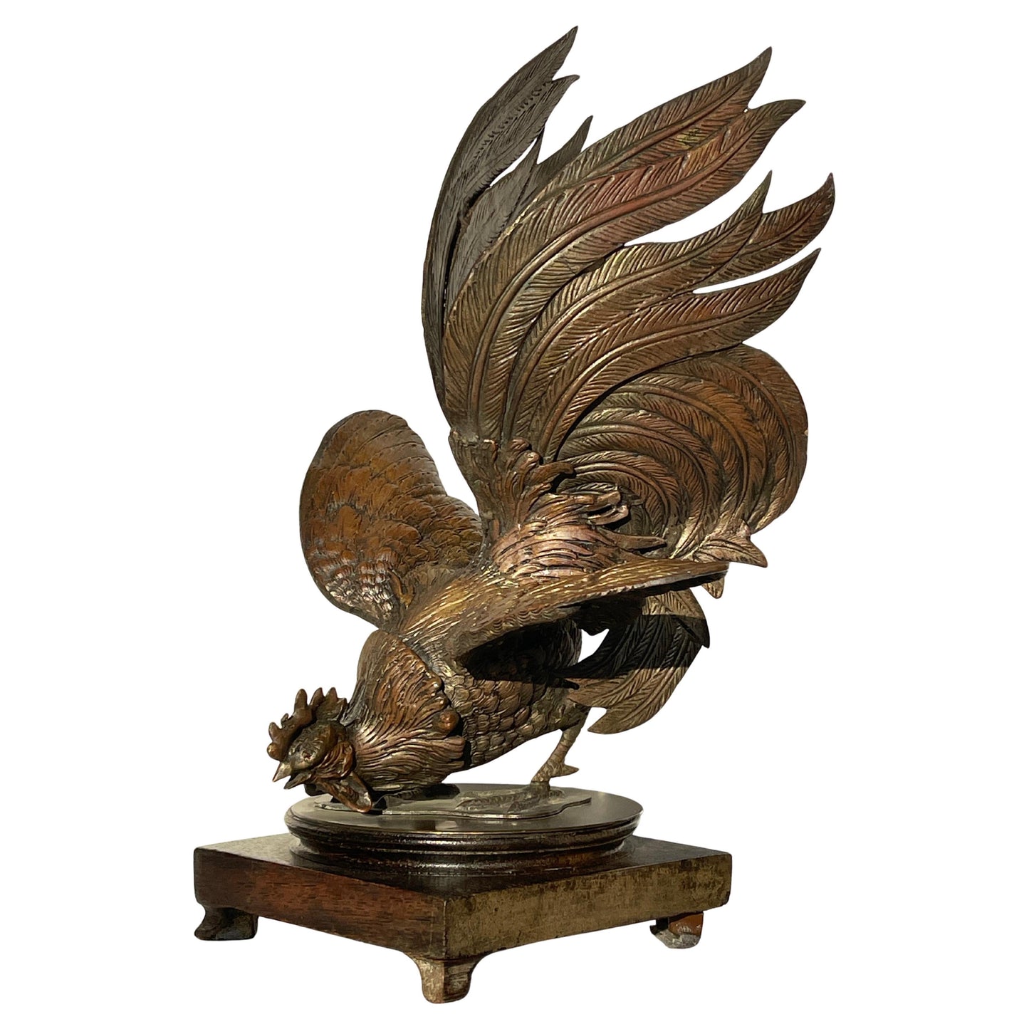 Scultura in bronzo di un gallo da combattimento con 2 basi anni '70 italia