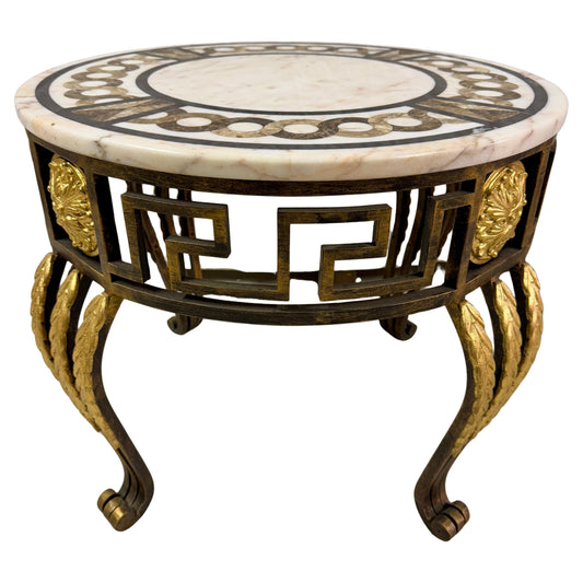 Tavolino in marmo circolare con base in ferro e bronzo XX secolo italian