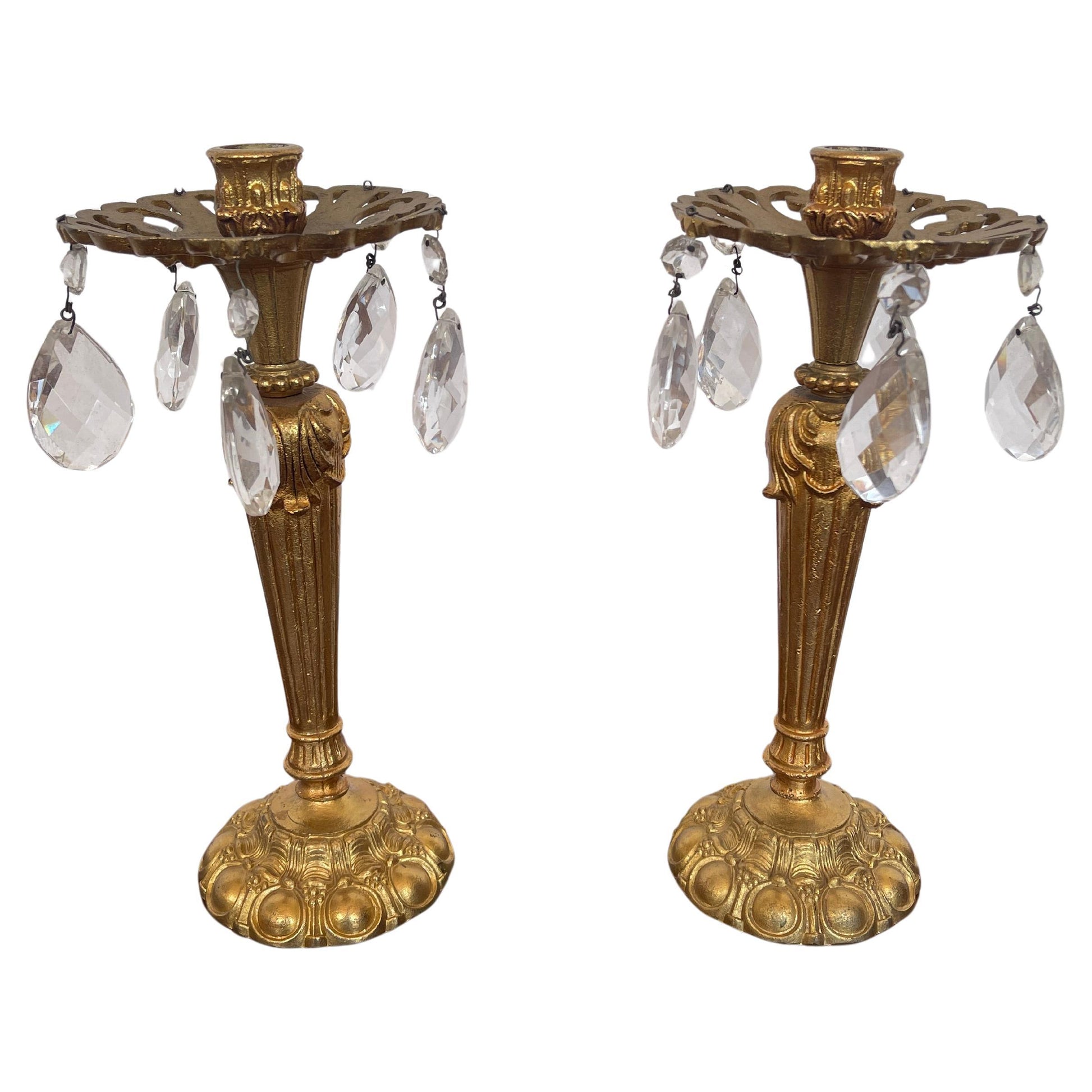 Coppia di candelieri in bronzo e cristalli vintage anni '80