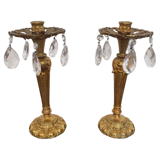 Coppia di candelieri in bronzo e cristalli vintage anni '80