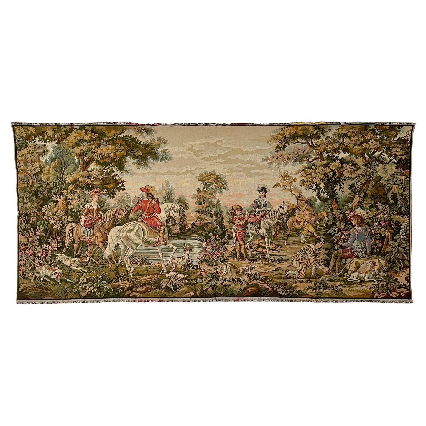 Arazzo rettangolare francese raffigurante una cavalleria d'epoca degli anni '90.