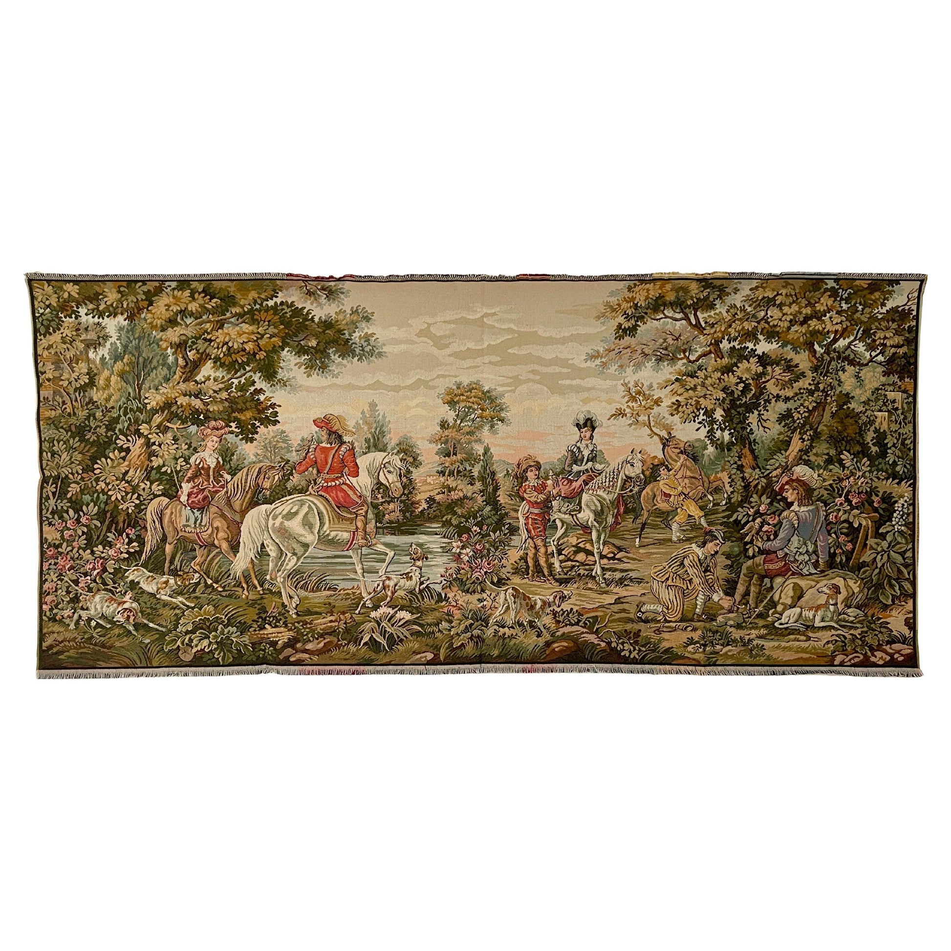 Arazzo rettangolare francese raffigurante una cavalleria d'epoca degli anni '90.