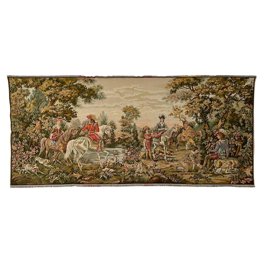 Arazzo rettangolare francese raffigurante una cavalleria d'epoca degli anni '90.