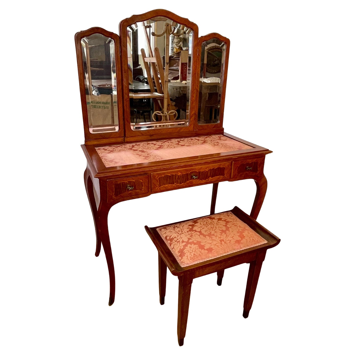 Toilette vintage con tre specchi e sgabello italiano imbottito degli anni '80
