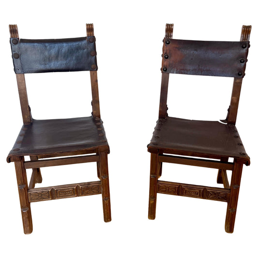 Coppia di sedie in legno e pelle in stile naturale vintage anni '30