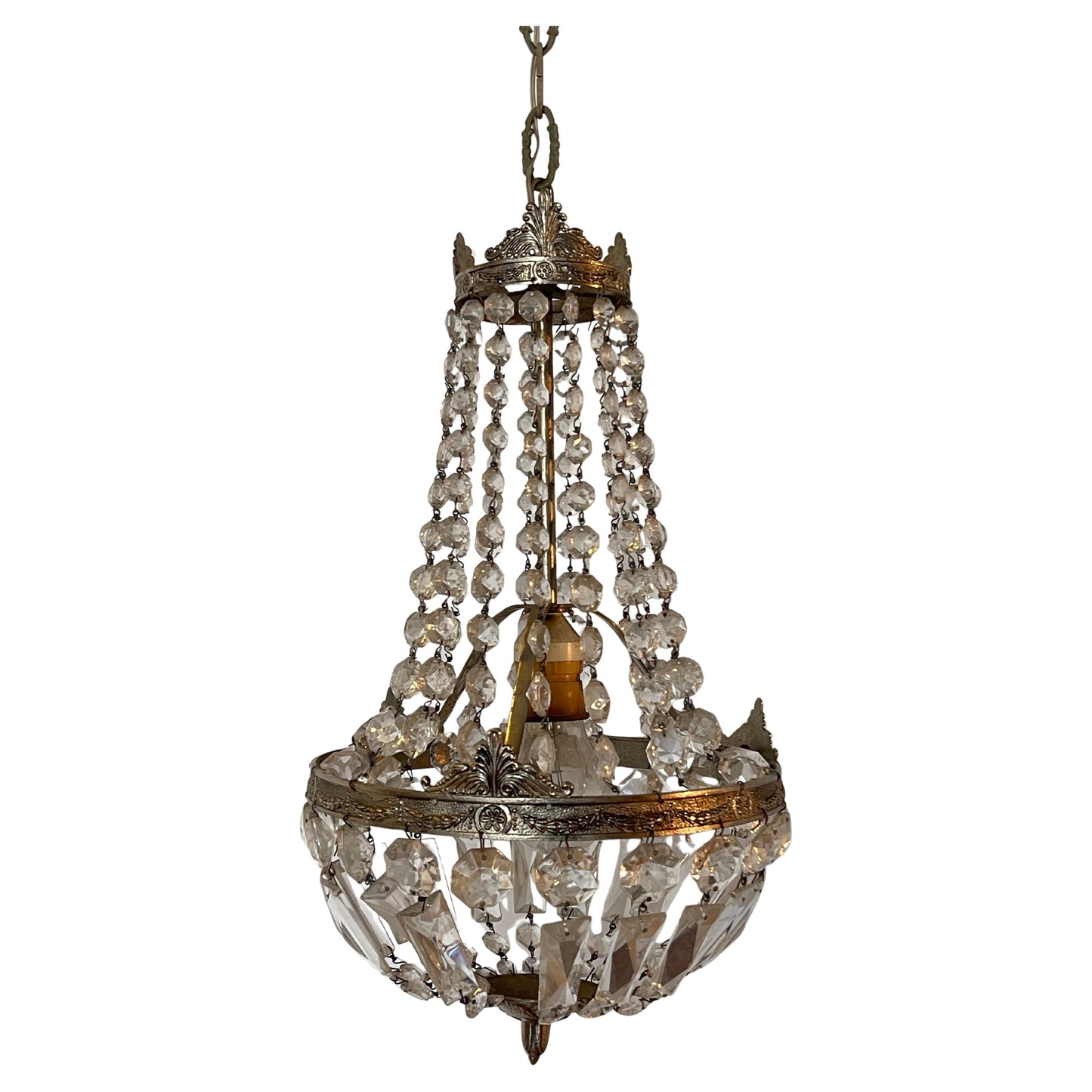 Lampadario in bronzo e cristallo stile classico, design a mongolfiera anni '50