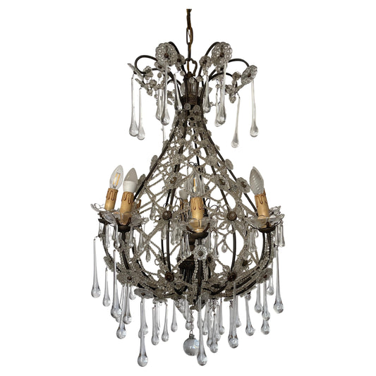 Lampadario in bronzo stile Maria Teresa con gocce in cristallo anni '60