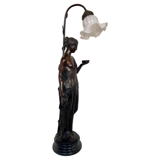 Favolosa lampada antica in stile Art Déco con figura di donna XIX secolo