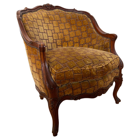 Poltrona in stile barocco italiano in legno intagliato e tessuto anni '40