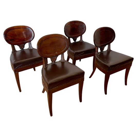 Set di 4 sedie stile rustico natural en legno e pelle degli anni '30