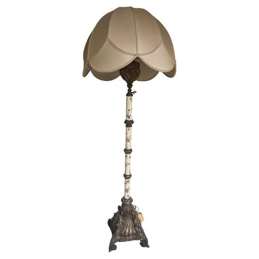 Lampada italiana da terra in bronzo e ceramica con decorazioni floreali sec. XIX