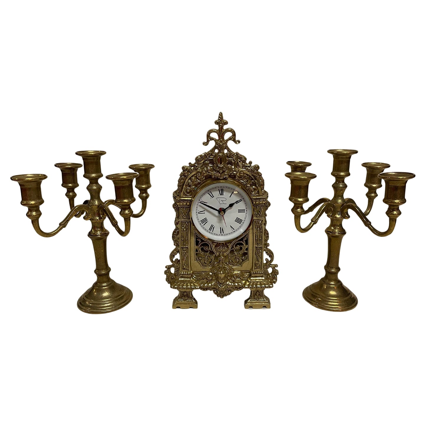 Orologio e candelabro in bronzo a 4 fiamme vintage italia anni '90