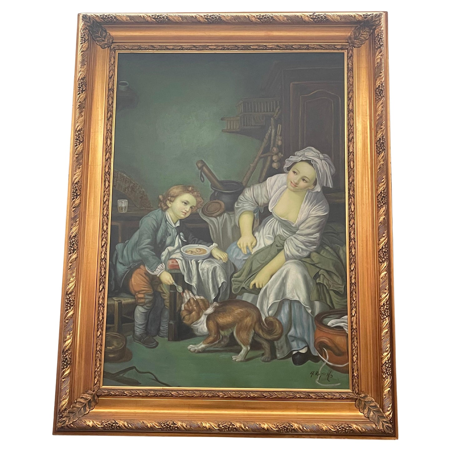 Dipinto a olio italiano in cornice dorata firmato Antonio Romano