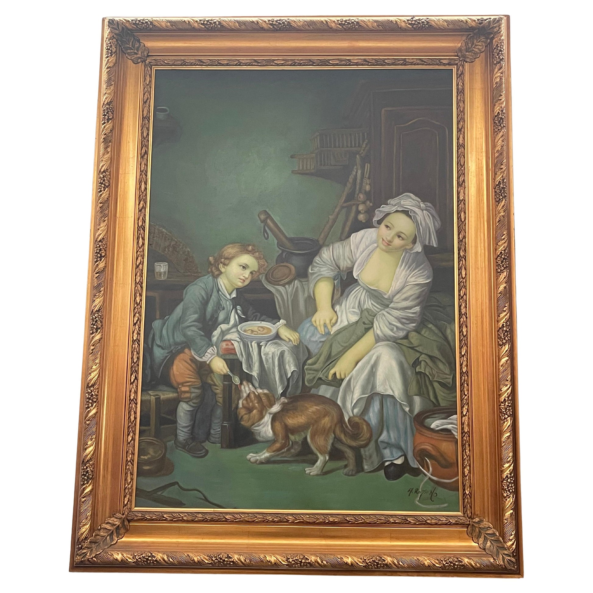 Dipinto a olio italiano in cornice dorata firmato Antonio Romano