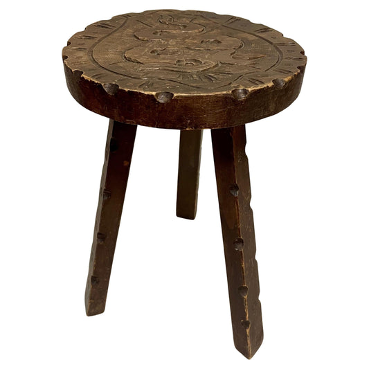 Antico sgabello rotondo in legno in stile brutalista italiano anni '40