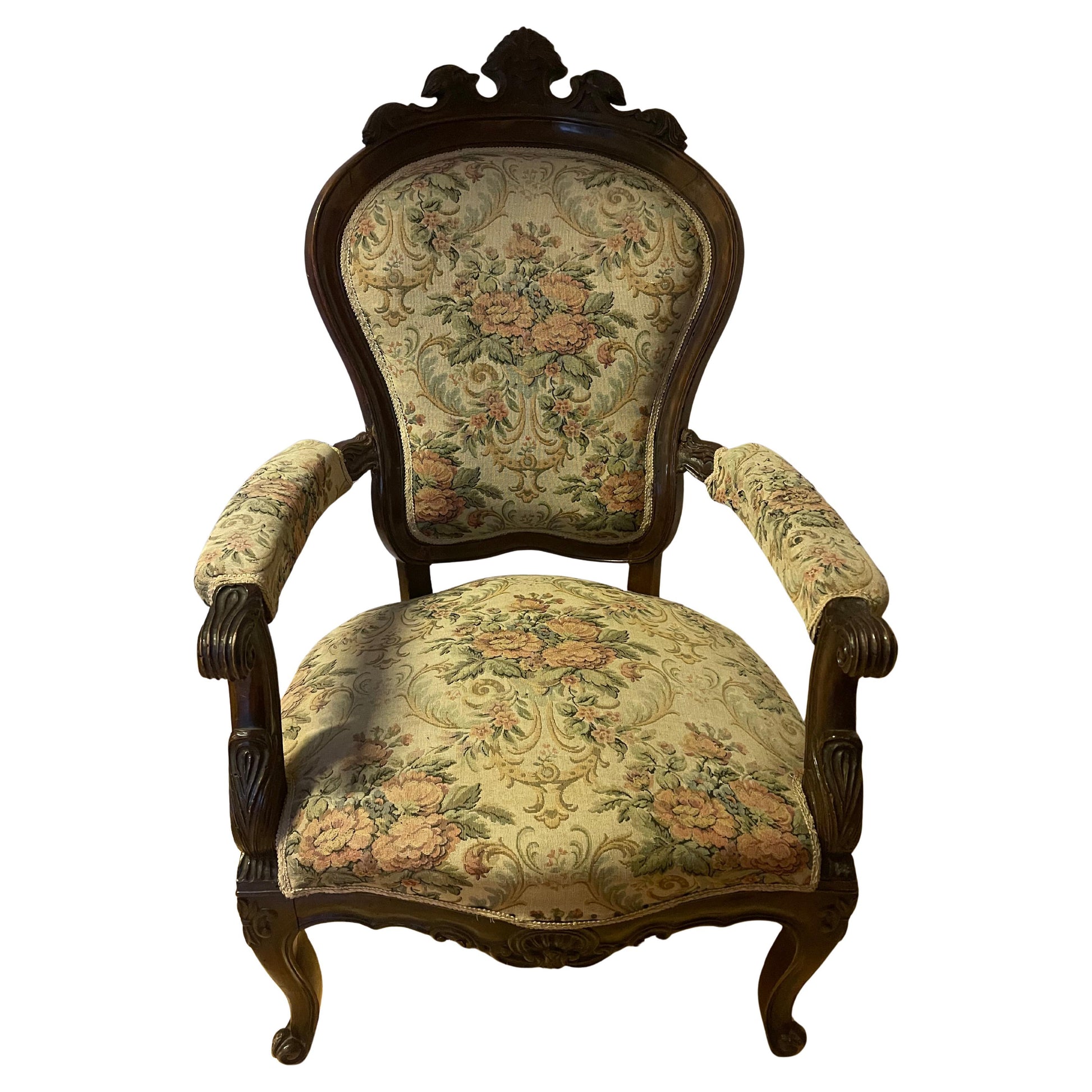 Poltrona antica in stile barocchetto, Luigi Filippo con tessuto floreali anni 20