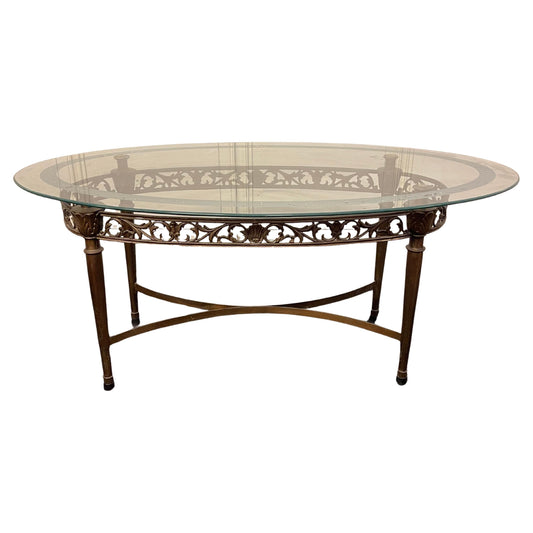 Tavolino da salotto ovale in vetro e ottone, stile classico elegante anni '50