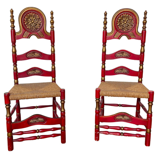 Coppia di Sedie in Legno verniciato in Rosso e Oro con Seduta in Paglia, anni 90