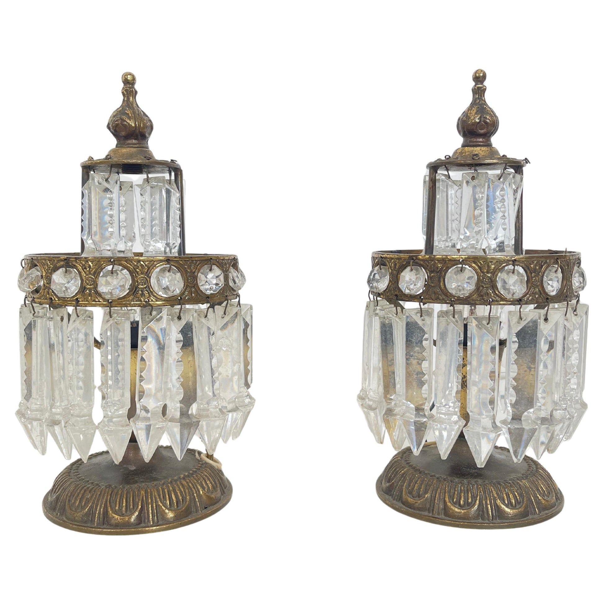 Coppia di Lampade Vintage in Stile Impero con Cristalli, Italia, anni '70