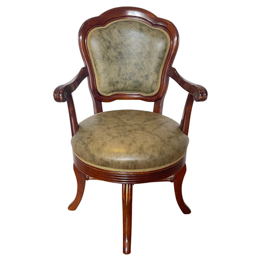 Poltrona Girevole Classica in Legno Massello ed Ecopelle Verde – Stile Elegante
