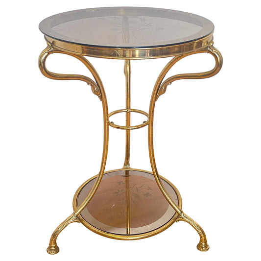 Tavolino con Base in ottone Dorato e Piano in Vetro Decorato, anni '90