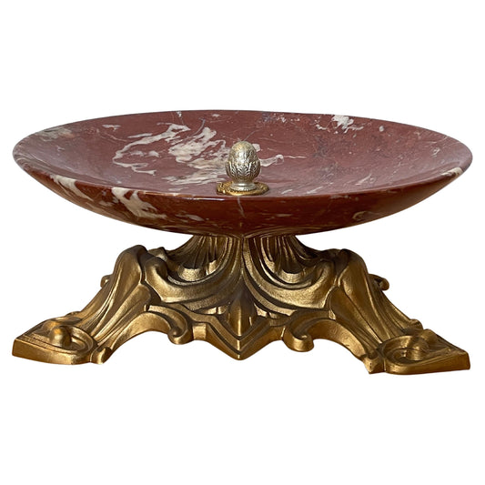 Magnifico Piatto da Centro in Marmo Rosso con Base Dorata, Italia, anni '90