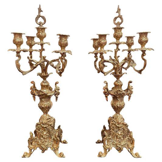 Coppia di Candelabri Antichi in Bronzo Dorato - Stile Rococò, XX Secolo