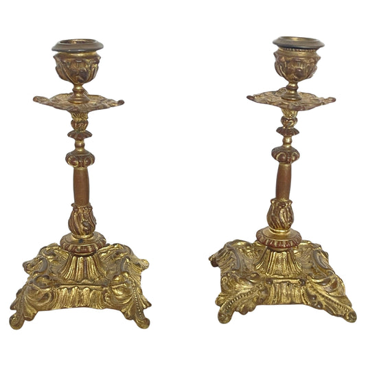 Coppia di Candelieri Antichi in Bronzo Dorato - Stile Barocco Classico