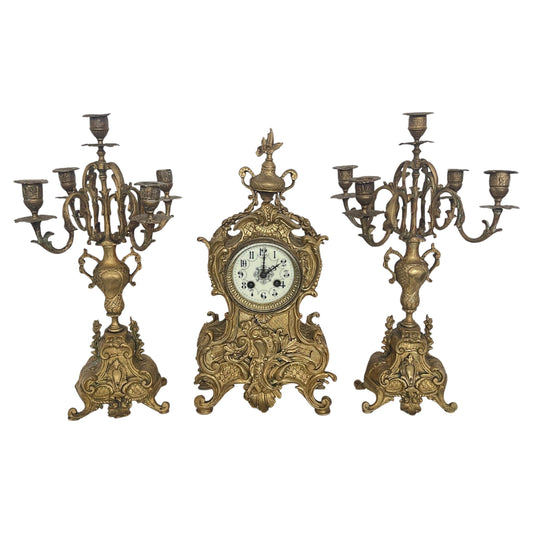 Trittico Antico in Bronzo Dorato – Orologio da Camino con Coppia di Candelabri