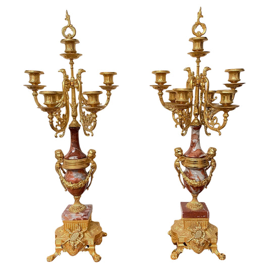 Coppia di Candelabri in Marmo Rosso e Bronzo Dorato – Stile Luigi XVI