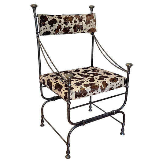 Sedia "Ranch d'Art" in ferro battuto e pelle bovina, italiana anni 70