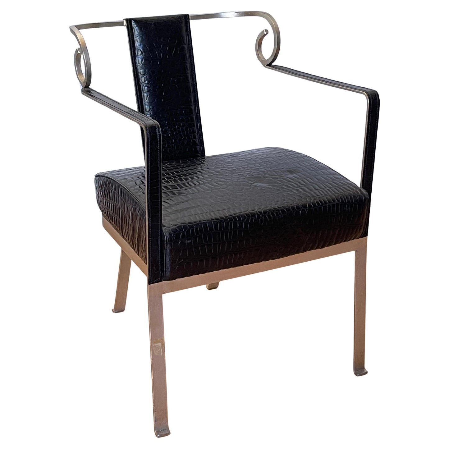 Sedia Vintage in Acciaio e Pelle Nera Effetto Coccodrillo